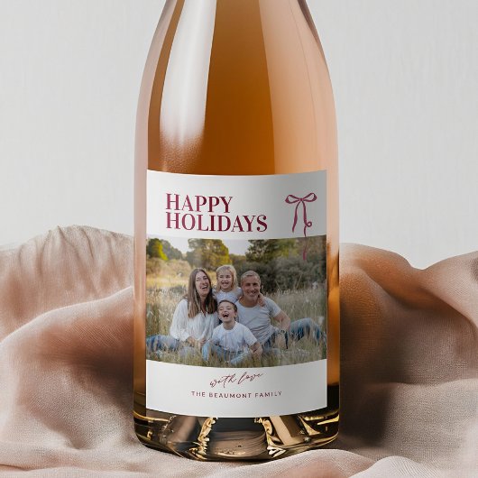 Burgundy Bow Happy Holidays Photo Wine Label Wijn Etiket