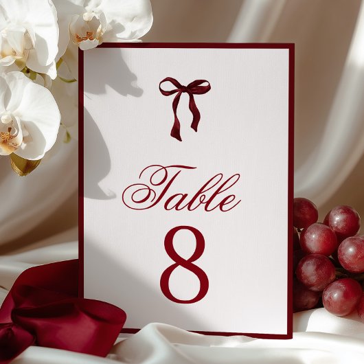 Burgundy Bow Table Number Kaart