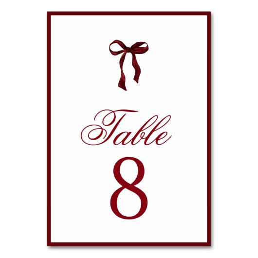 Burgundy Bow Table Number Kaart (Voorkant)