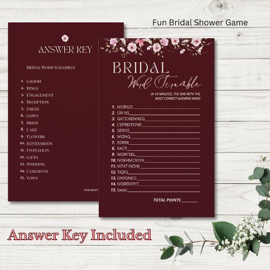 Burgundy Bridal Word Scramble Game With Answer Key