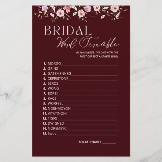 Burgundy Bridal Word Scramble Game With Answer Key (Voorkant)