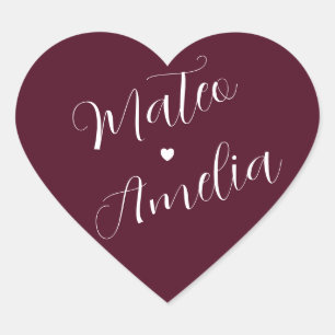 Burgundy Bride en Groom Names op Wedding Heart St Hart Sticker