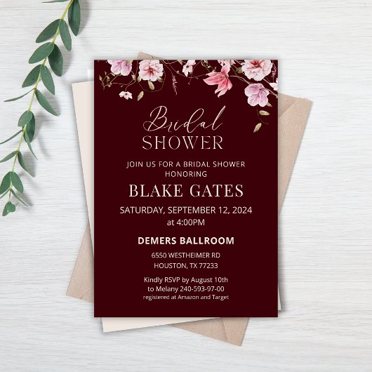 Burgundy Bride in Bloom Floral Bridal Shower Kaart