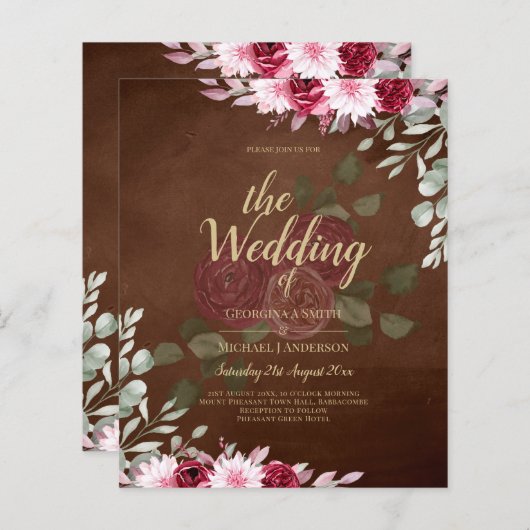 Burgundy Brown Floral Winter Fall Wedding Invite (Voorkant / Achterkant)