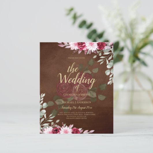 Burgundy Brown Floral Winter Fall Wedding Invite (Staand voorkant)