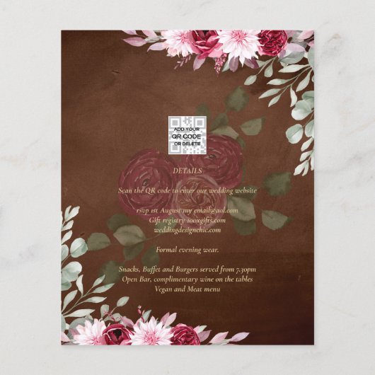 Burgundy Brown Floral Winter Fall Wedding Invite (Achterkant)