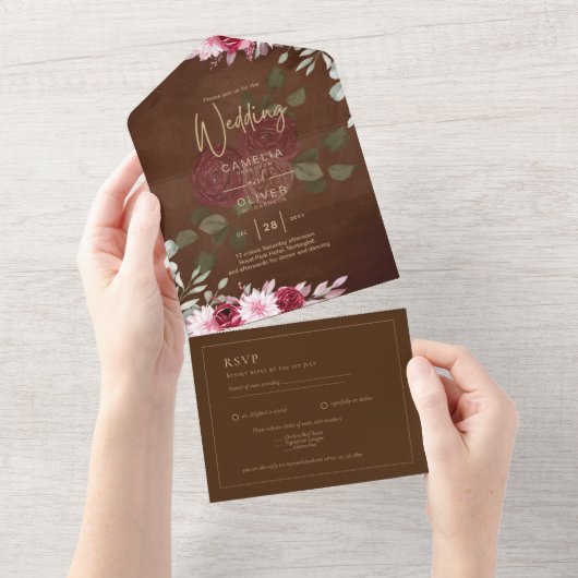 Burgundy Brown Floral Winter Fall Wedding Invite All In One Uitnodiging (Afscheurbaar)