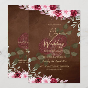 Burgundy Brown Floral Winter Fall Wedding Invite Kaart