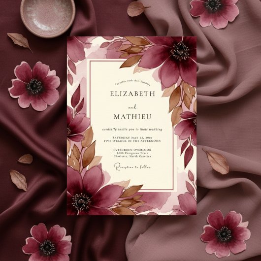 Burgundy Brushstroke Bloom Wedding Kaart