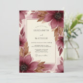 Burgundy Brushstroke Bloom Wedding Kaart (Staand voorkant)
