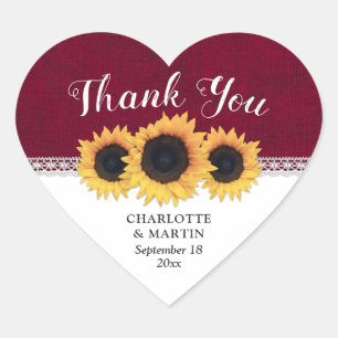 Burgundy Burlap Sunflower Weddenschap Bedankt Hart Sticker