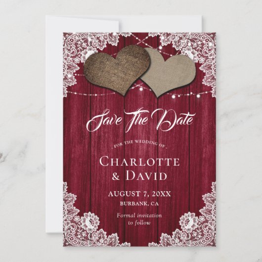 Burgundy Burlap Wedding Save the Date Kaart (Voorkant)
