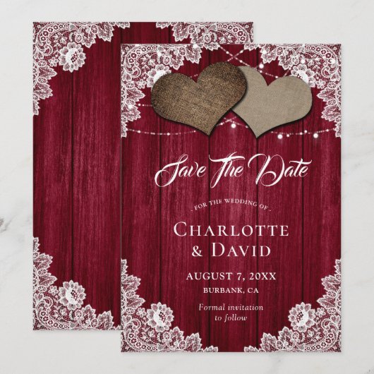 Burgundy Burlap Wedding Save the Date Kaart (Voorkant / Achterkant)