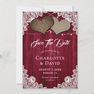 Burgundy Burlap Wedding Save the Date Kaart
