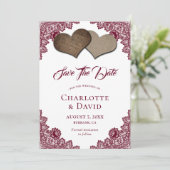 Burgundy Burlap Wedding Save the Date Kaart (Staand voorkant)