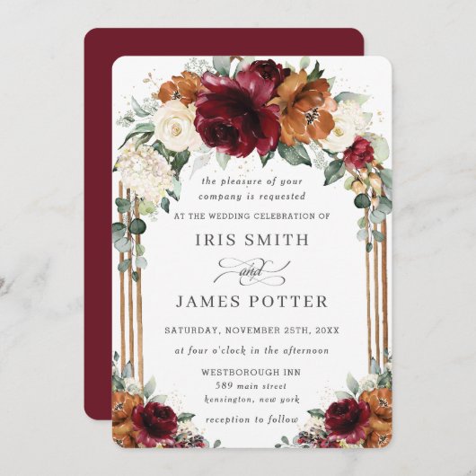 Burgundy Burnt Orange Ivory Floral Arch Wedding Kaart (Voorkant / Achterkant)