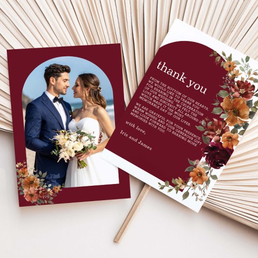 Burgundy Burnt Orange Rust Floral Wedding Photo Bedankkaart