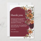 Burgundy Burnt Orange Rust Floral Wedding Photo Bedankkaart (Voorkant)