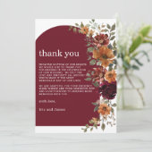 Burgundy Burnt Orange Rust Floral Wedding Photo Bedankkaart (Staand voorkant)