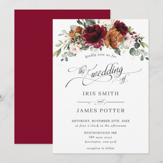 Burgundy Burnt Oranje Blush Ivory Floral Wedding Kaart (Voorkant / Achterkant)