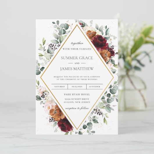 Burgundy Burnt Oranje Blush Ivory Floral Wedding Kaart (Staand voorkant)