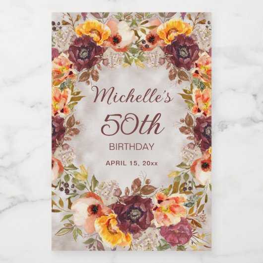 Burgundy Burnt Oranje Floral Women 50th Birthday Wijn Etiket (Enkel label)