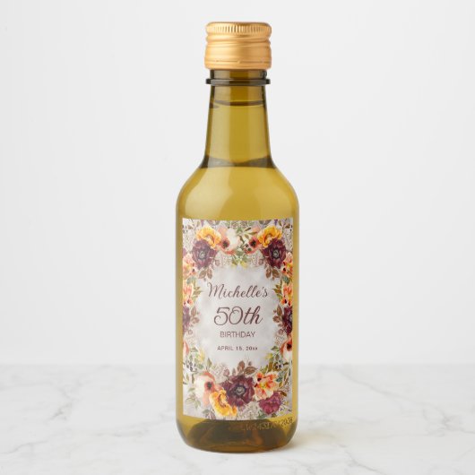 Burgundy Burnt Oranje Floral Women 50th Birthday Wijn Etiket (Voorkant)