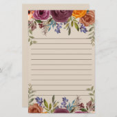 Burgundy Burnt Oranje Paars Floral Lined Briefpapier (Voorkant / Achterkant)