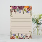 Burgundy Burnt Oranje Paars Floral Lined Briefpapier (Staand voorkant)