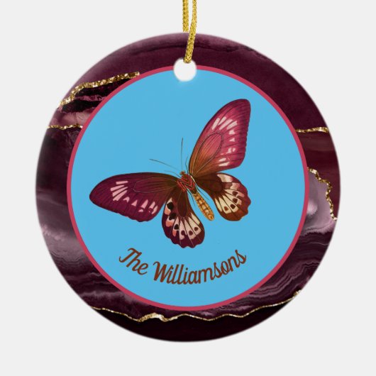 Burgundy Butterfly op Blue Sky Merry en Bright Keramisch Ornament (Voorkant)