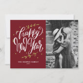Burgundy Calligraphy and Wreath New Year Photo Feestdagenkaart (Voorkant)