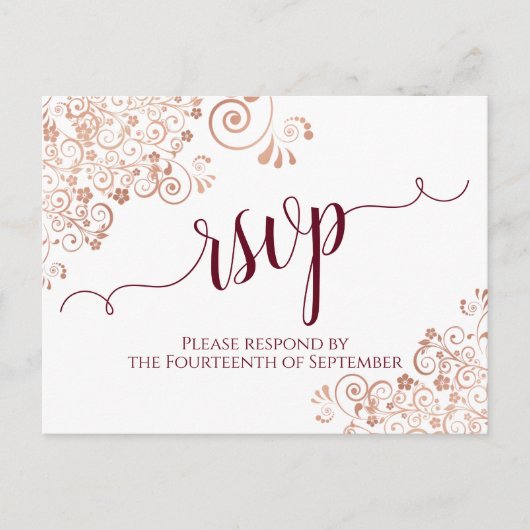 Burgundy Calligraphy Roos Gold Lace Wedding RSVP Briefkaart (Voorkant)