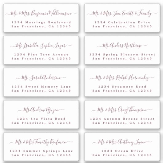 Burgundy Calligraphy Wedding Guest Adresetiketten Sticker (Voorkant)