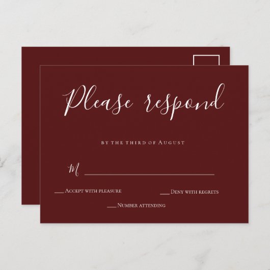 Burgundy Calligraphy Wedding RSVP Card Briefkaart (Voorkant / Achterkant)