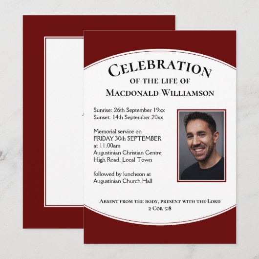 Burgundy CELEBRATION OF LIFE Photo Funeral Kaart (Voorkant / Achterkant)