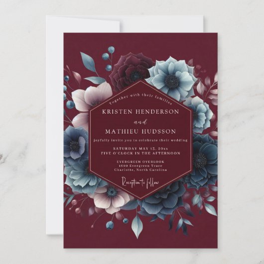 Burgundy Celestial Bloom Wedding Kaart (Voorkant)