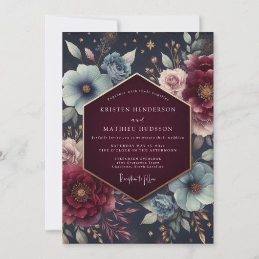 Burgundy Celestial Bloom Wedding Kaart (Voorkant)
