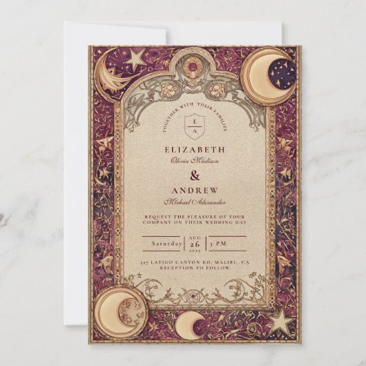 Burgundy Celestial Moon Wedding Kaart (Voorkant)
