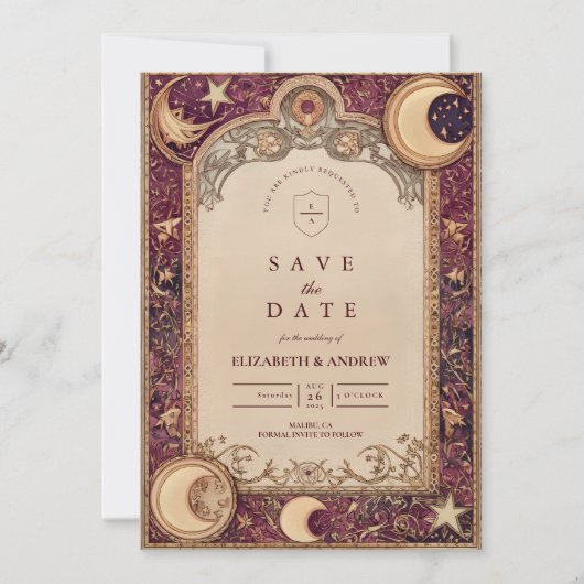 Burgundy Celestial Moon Wedding Save The Date (Voorkant)