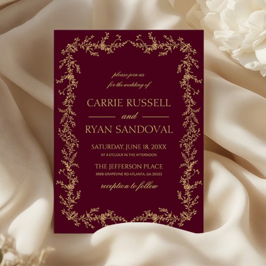 Burgundy Champagne Hand Drawn Floral Frame Wedding Kaart