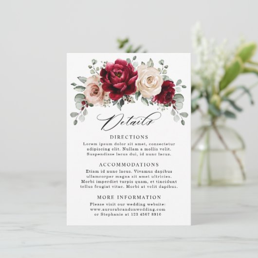 Burgundy Champagne Ivoor Mauve Trouwdetails Informatiekaartje (Staand voorkant)