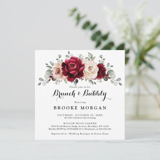 Burgundy Champagne Ivory Mauve Brunch en Bubble Kaart (Staand voorkant)