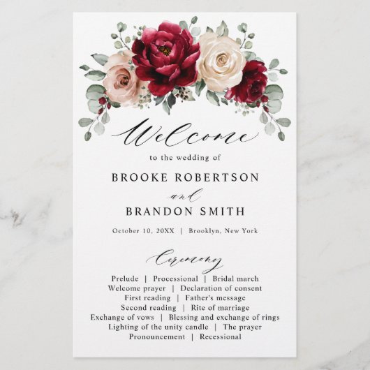 Burgundy Champagne Ivory Mauve Roos Floral Program (Voorkant)
