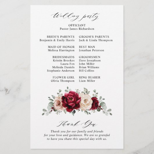 Burgundy Champagne Ivory Mauve Roos Floral Program (Achterkant)
