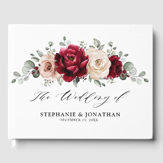 Burgundy Champagne Ivory Mauve Roos Floral Wedding Gastenboek (Voorkant)