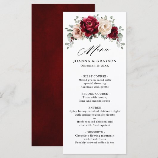 Burgundy Champagne Ivory Mauve Roos Floral Wedding Menu (Voorkant / Achterkant)