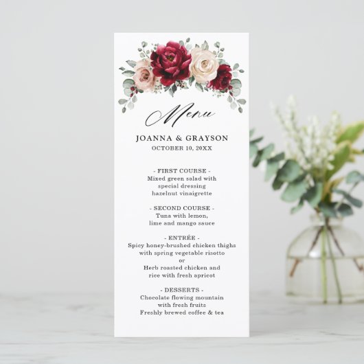 Burgundy Champagne Ivory Mauve Roos Floral Wedding Menu (Staand voorkant)