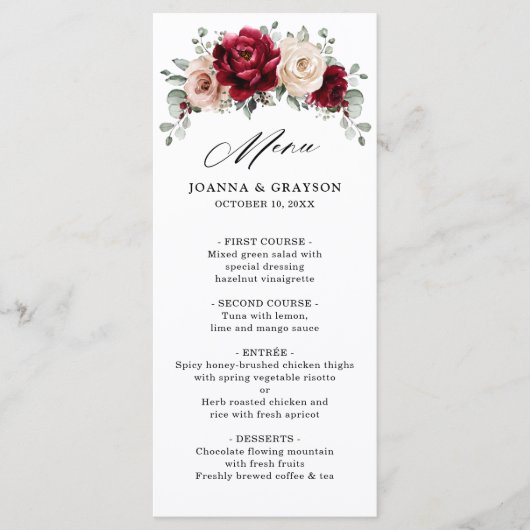 Burgundy Champagne Ivory Mauve Roos Floral Wedding Menu (Voorkant)