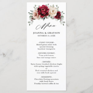 Burgundy Champagne Ivory Mauve Roos Floral Wedding Menu