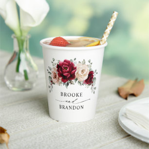 Burgundy Champagne Ivory Mauve Roos Floral Wedding Papieren Bekers
